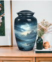 Moonlit urn for adult man's ashes, large metal funeral memorial urn