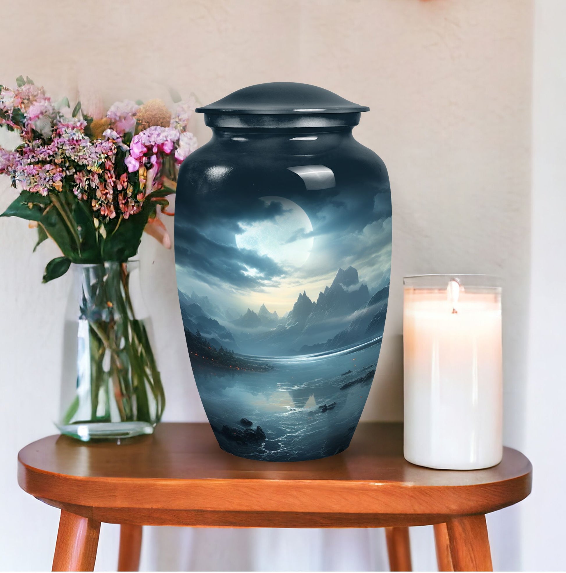 Moonlit urn for adult man's ashes, large metal funeral memorial urn