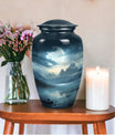 Moonlit urn for adult man's ashes, large metal funeral memorial urn