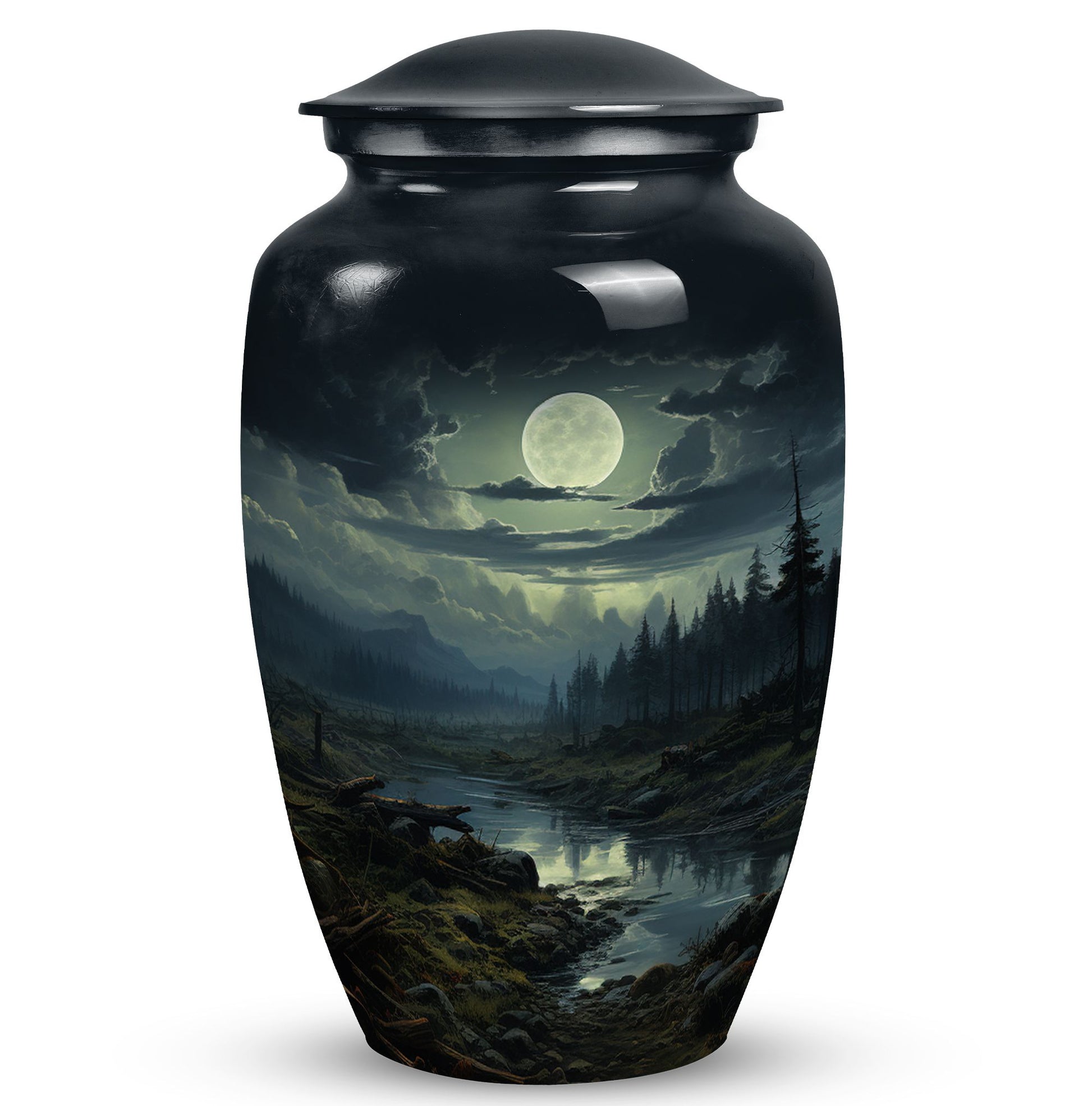 Large moonlit funeral urn designed for adult male ashes, perfect for burial in ground