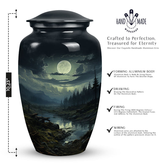 Large moonlit funeral urn designed for adult male ashes, perfect for burial in ground