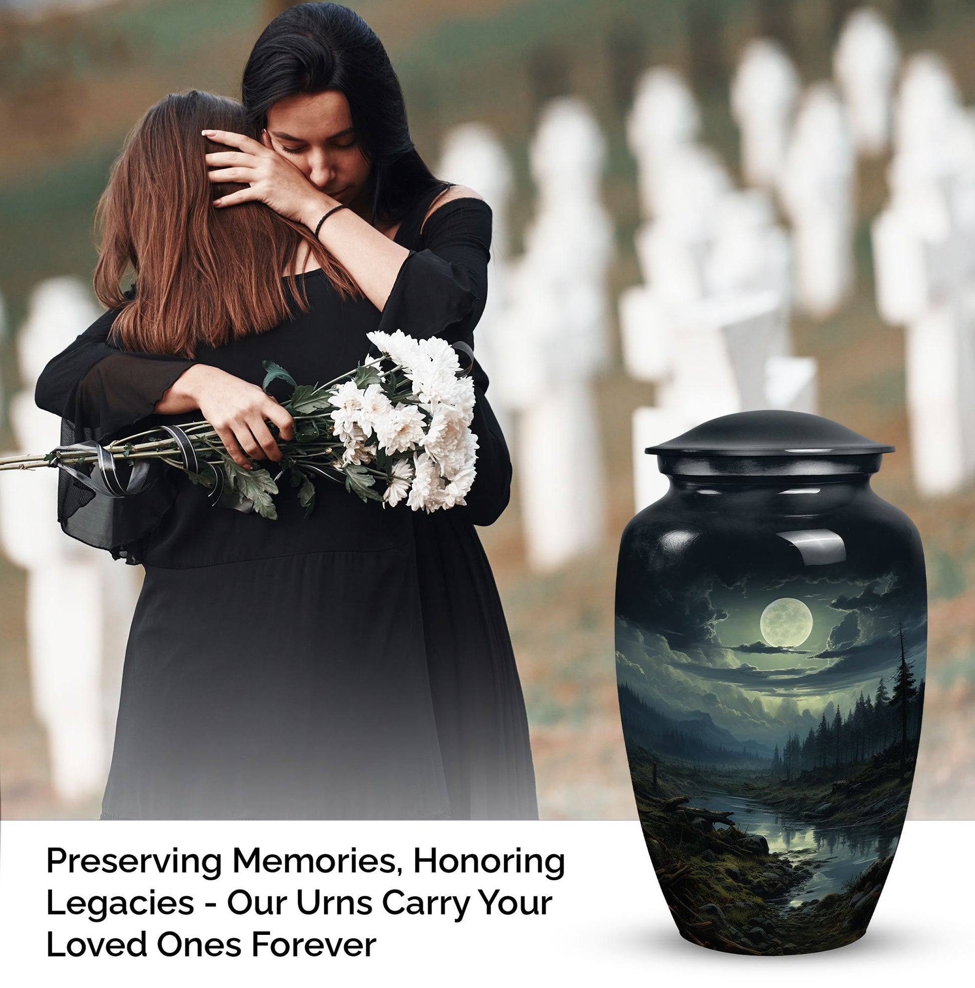 Large moonlit funeral urn designed for adult male ashes, perfect for burial in ground