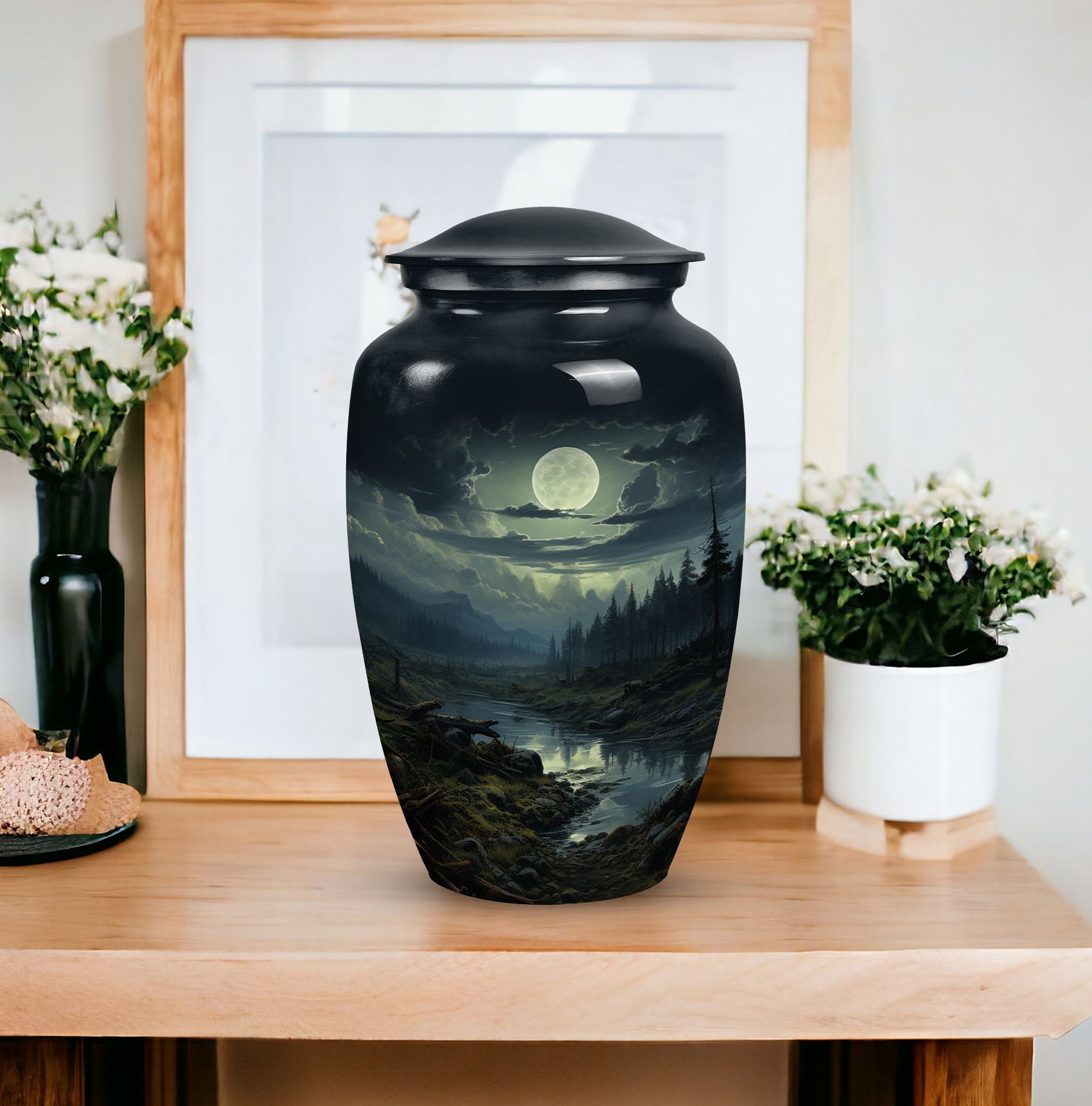 Large moonlit funeral urn designed for adult male ashes, perfect for burial in ground