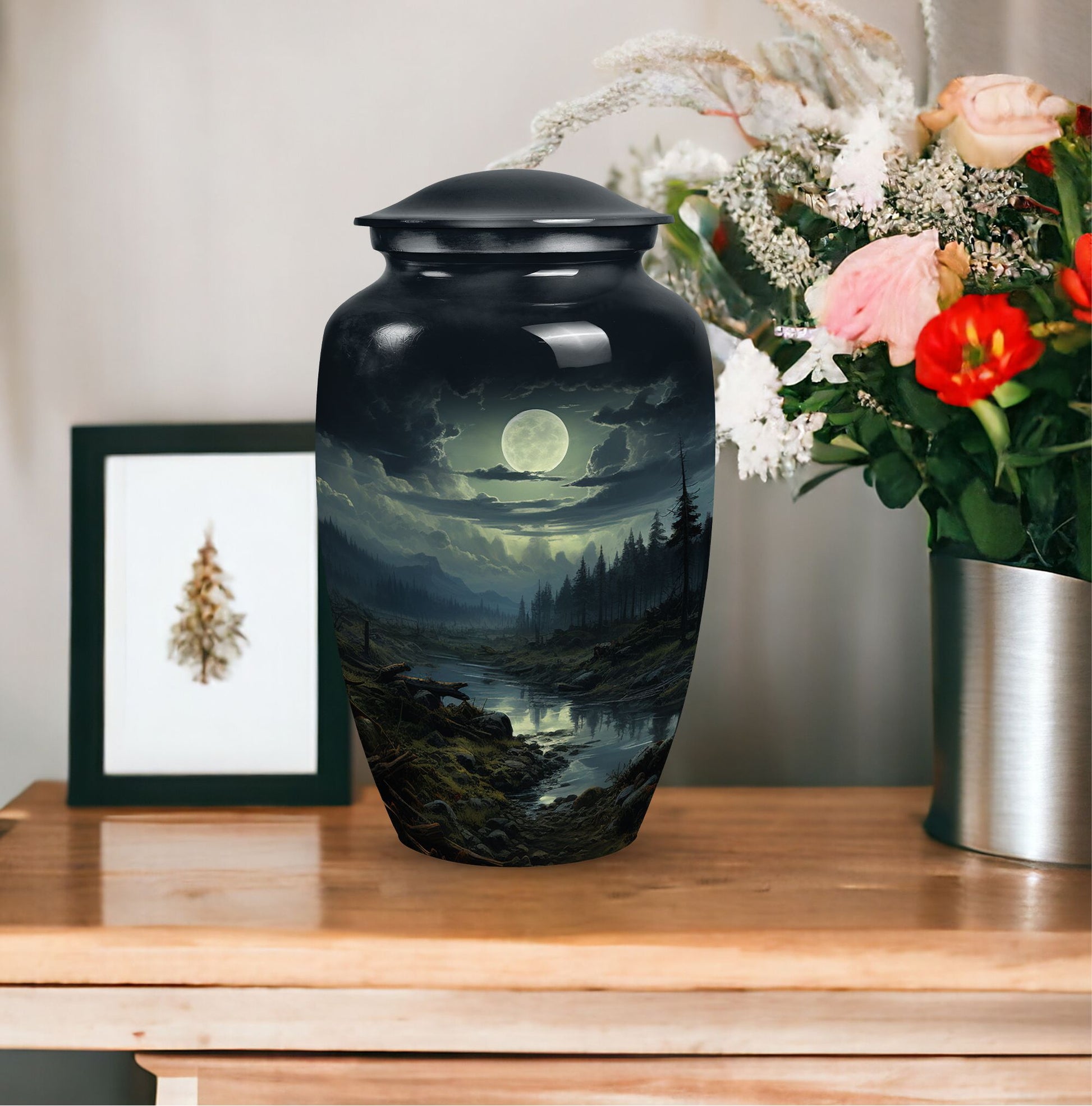 Large moonlit funeral urn designed for adult male ashes, perfect for burial in ground