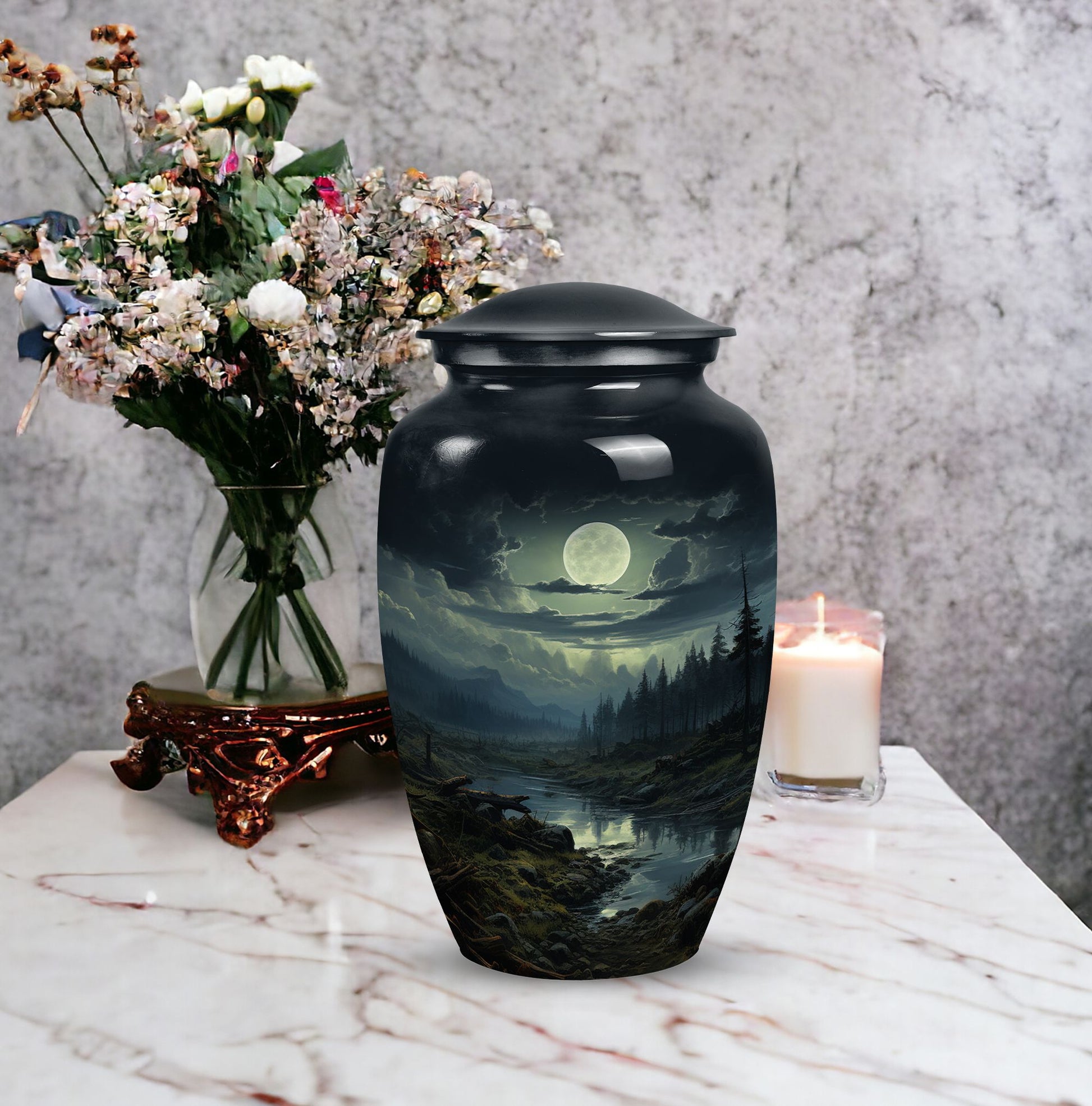 Large moonlit funeral urn designed for adult male ashes, perfect for burial in ground