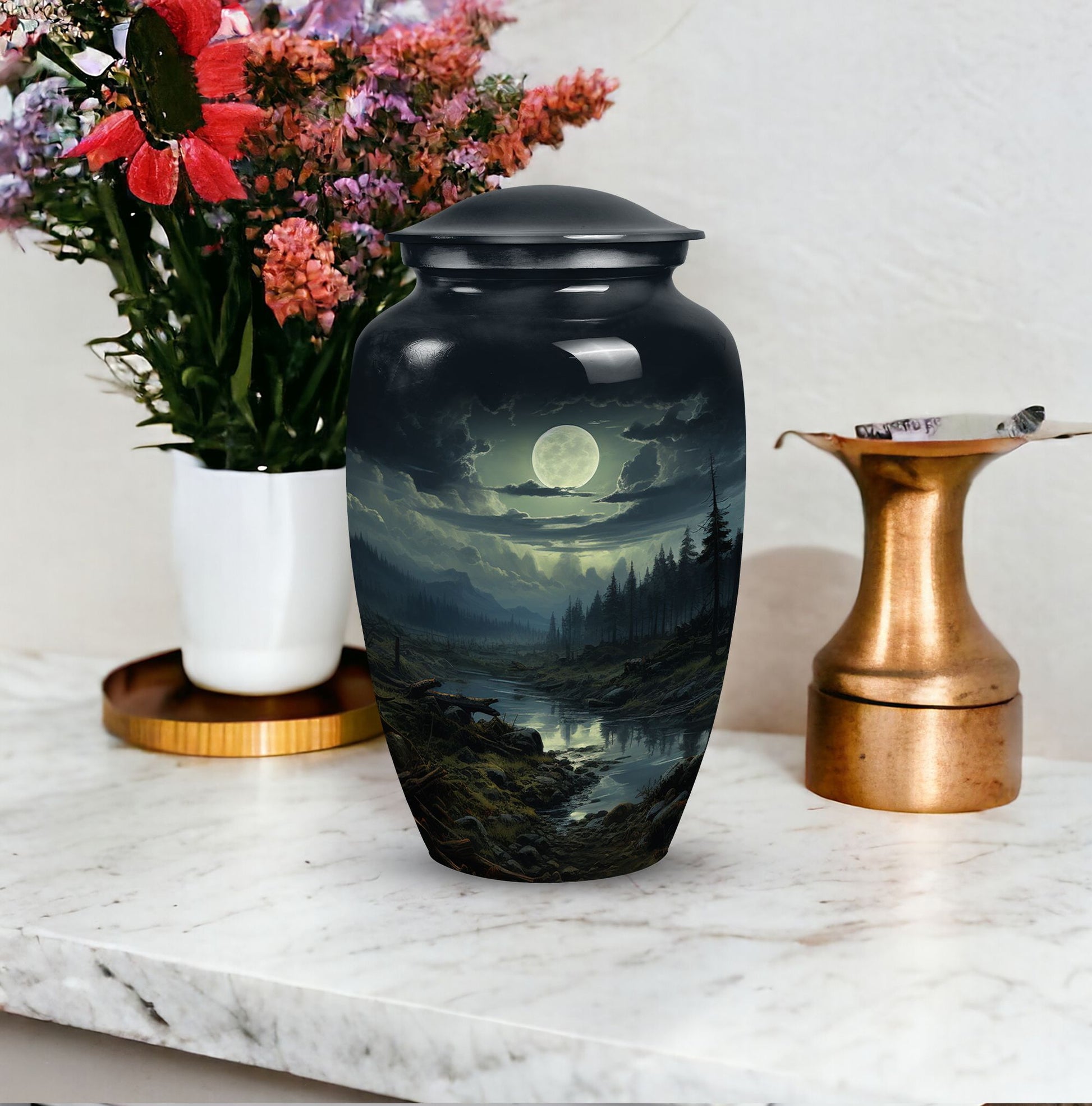 Large moonlit funeral urn designed for adult male ashes, perfect for burial in ground