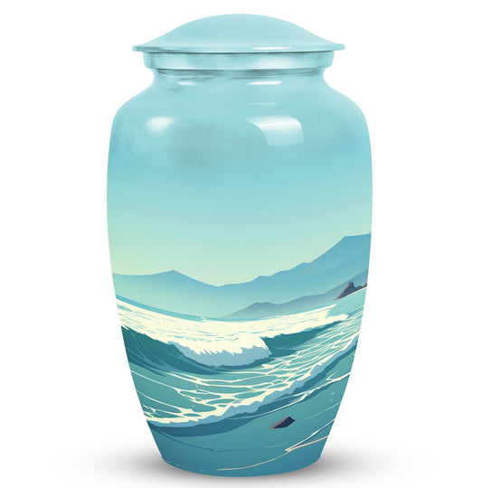 Large mountain-themed burial urn for adult human ashes, suitable for both men and women