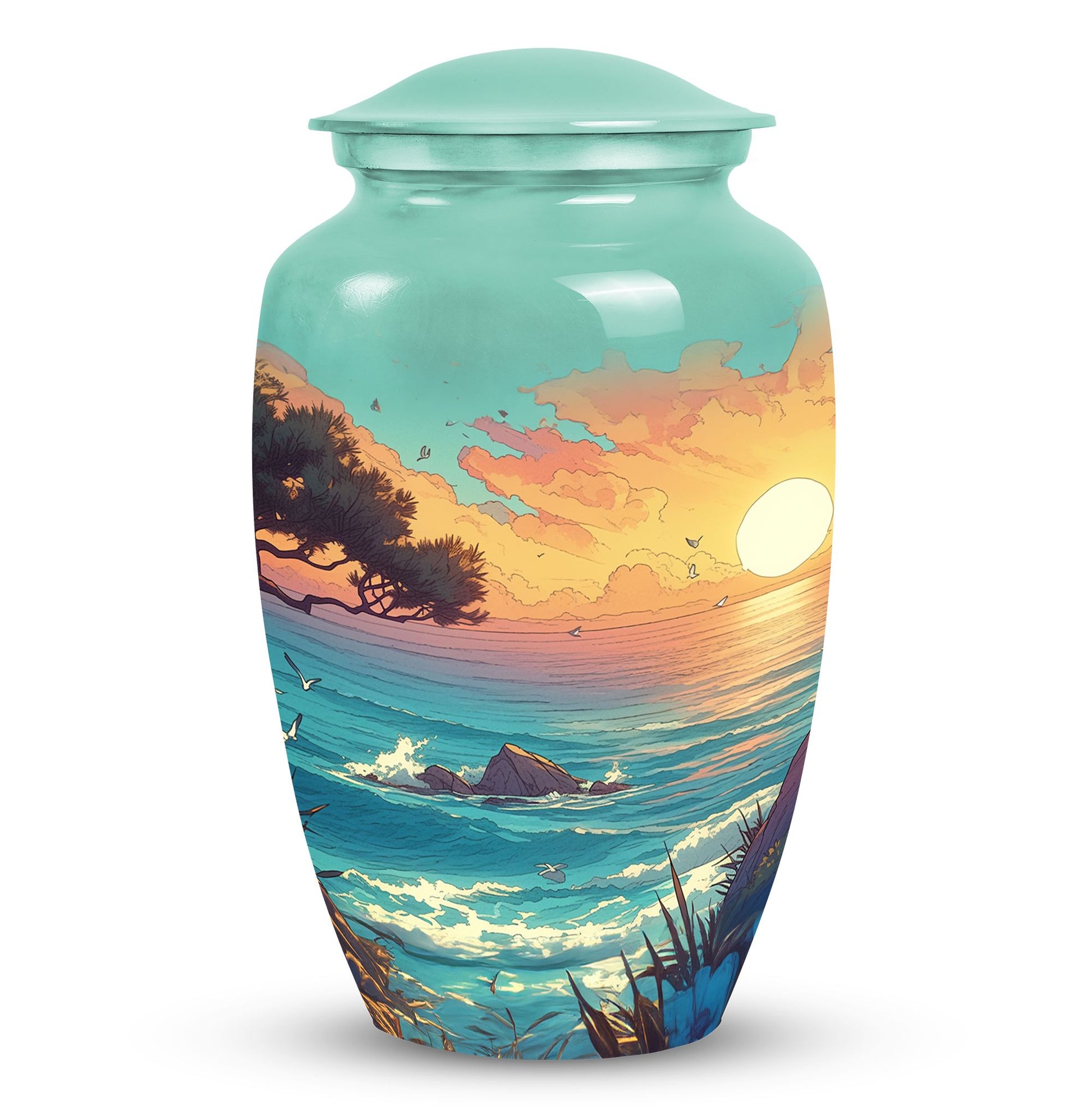 Blue sunset cremation urn showcasing its unique design, ideal for funeral, burial or decorative use