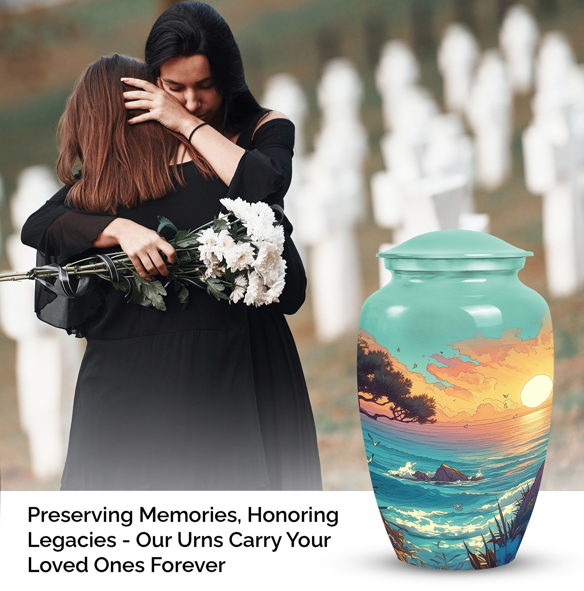 Blue sunset cremation urn showcasing its unique design, ideal for funeral, burial or decorative use