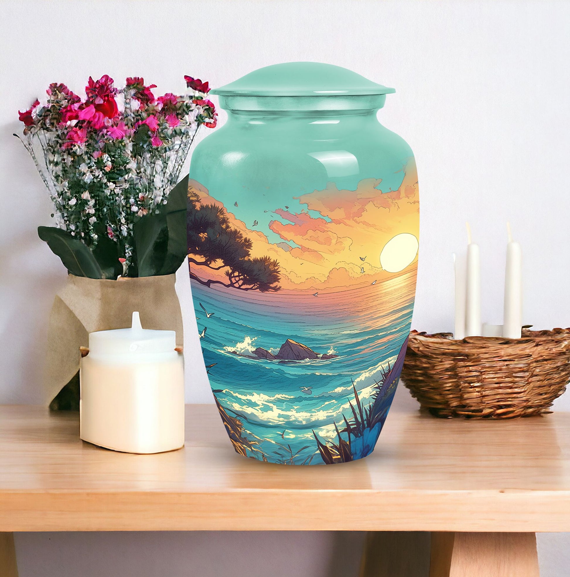 Blue sunset cremation urn showcasing its unique design, ideal for funeral, burial or decorative use