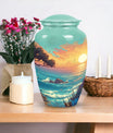 Blue sunset cremation urn showcasing its unique design, ideal for funeral, burial or decorative use