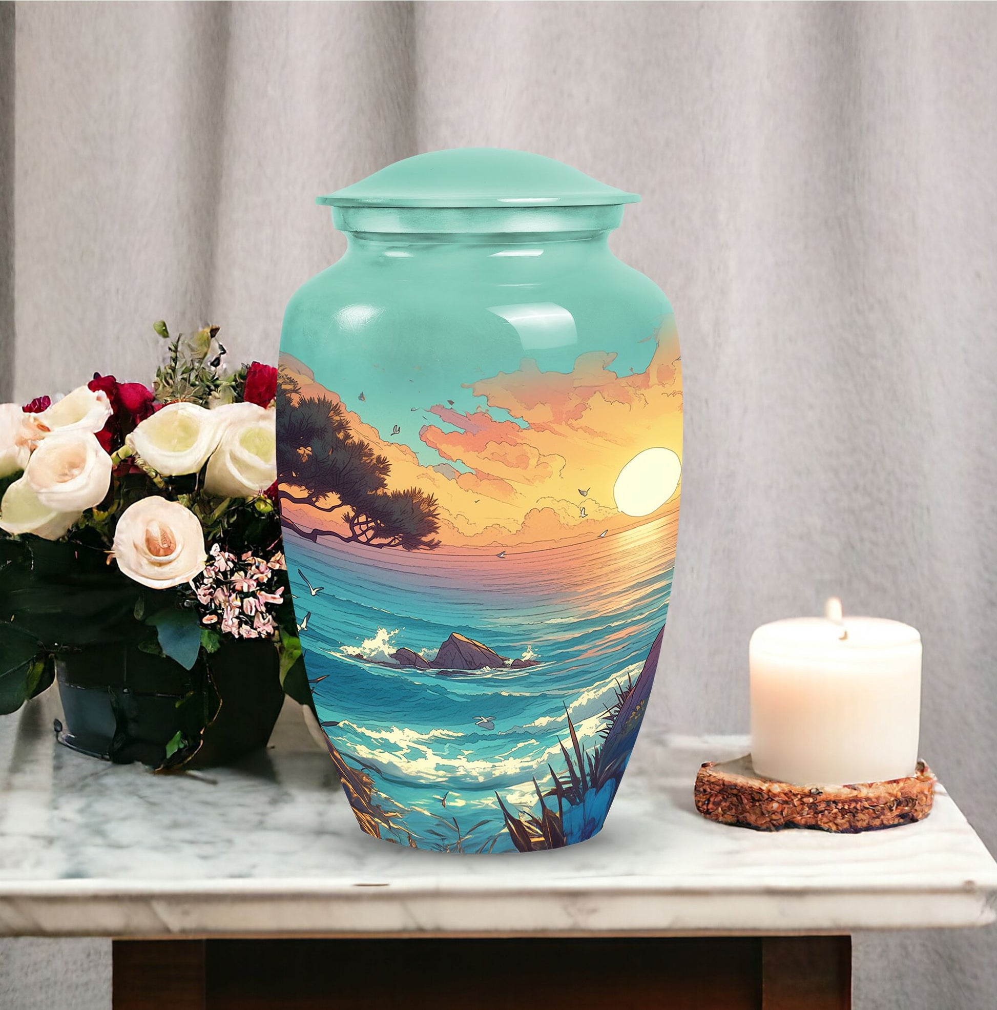 Blue sunset cremation urn showcasing its unique design, ideal for funeral, burial or decorative use