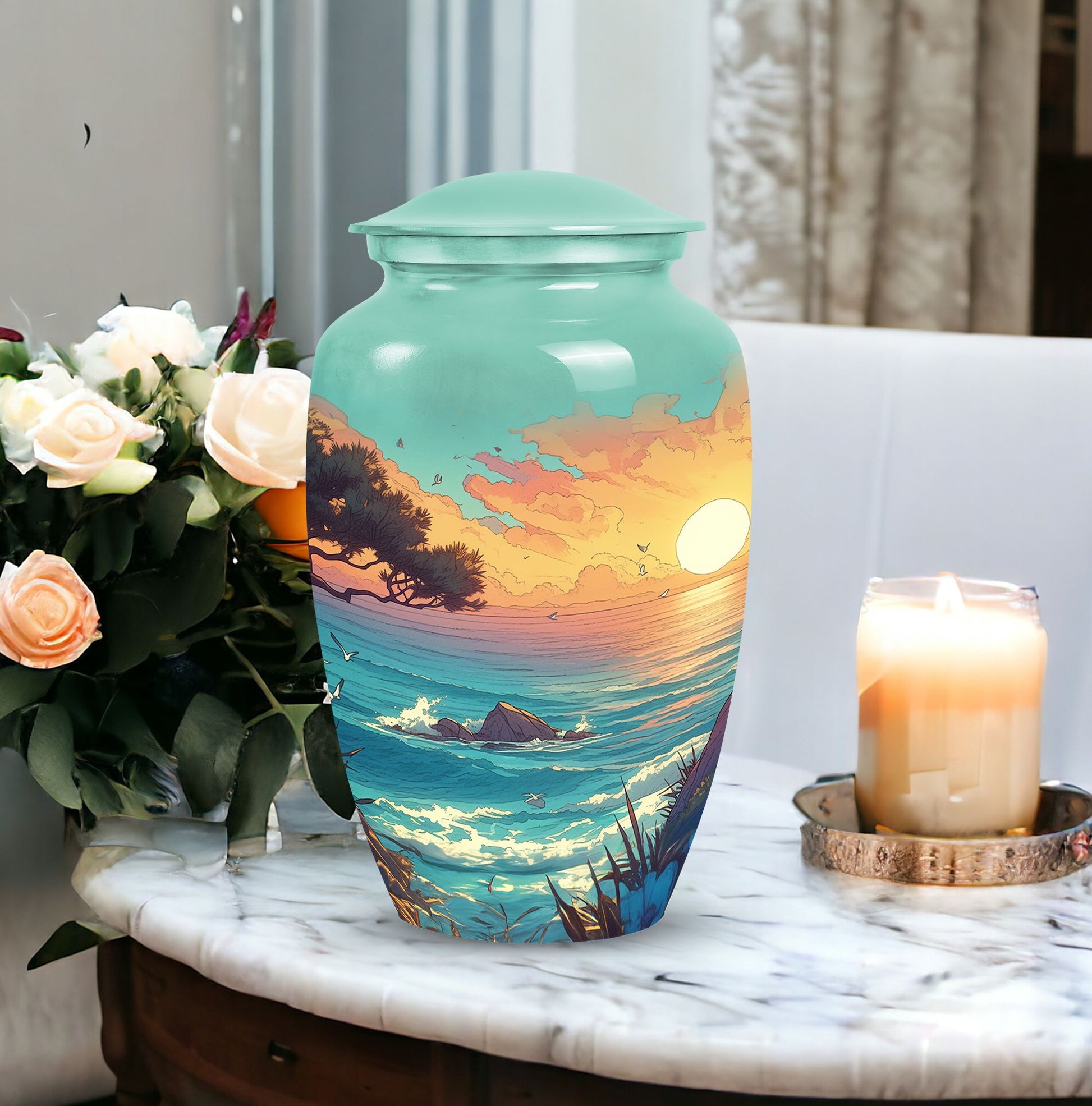 Blue sunset cremation urn showcasing its unique design, ideal for funeral, burial or decorative use