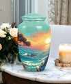 Blue sunset cremation urn showcasing its unique design, ideal for funeral, burial or decorative use