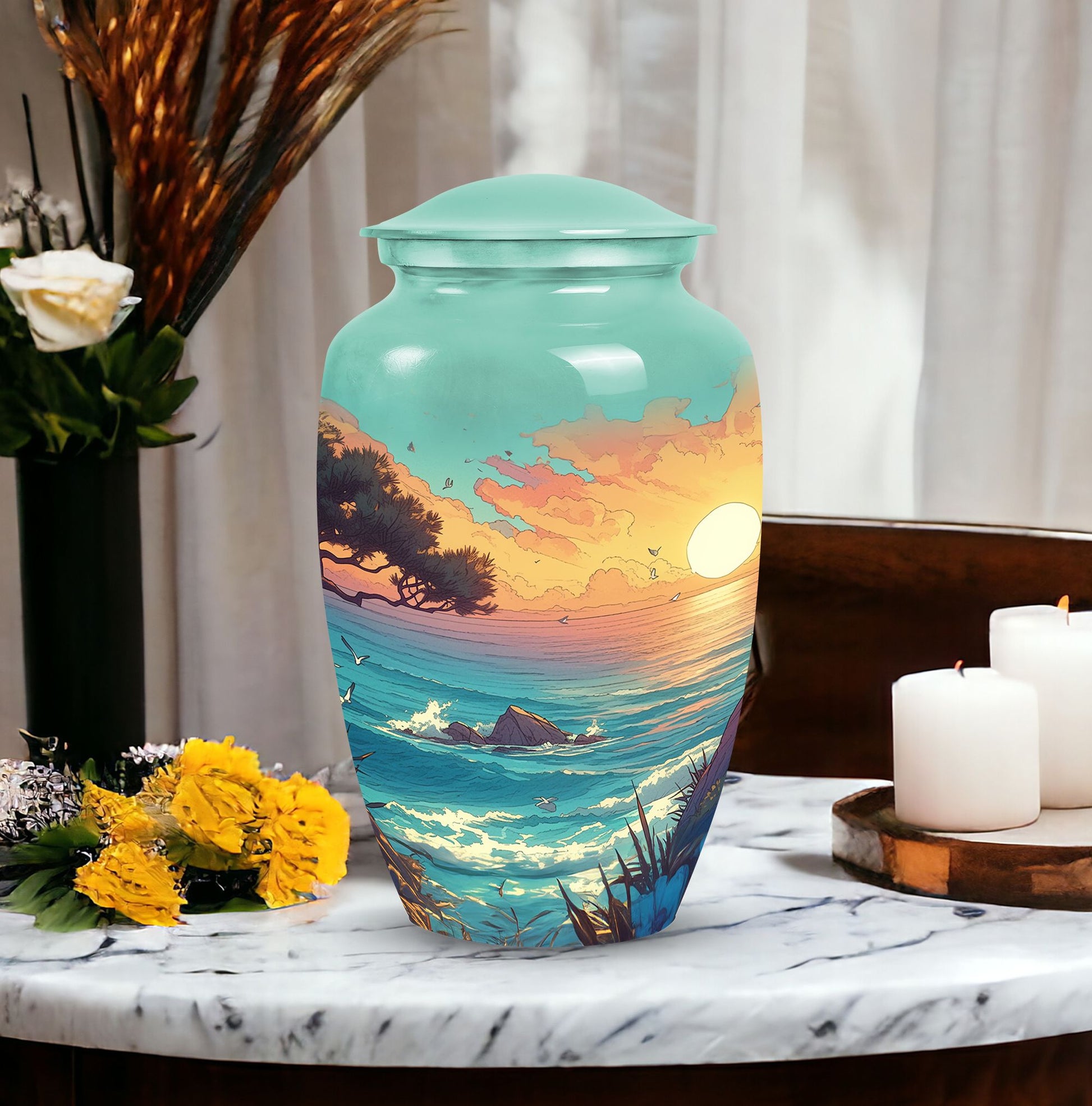 Blue sunset cremation urn showcasing its unique design, ideal for funeral, burial or decorative use