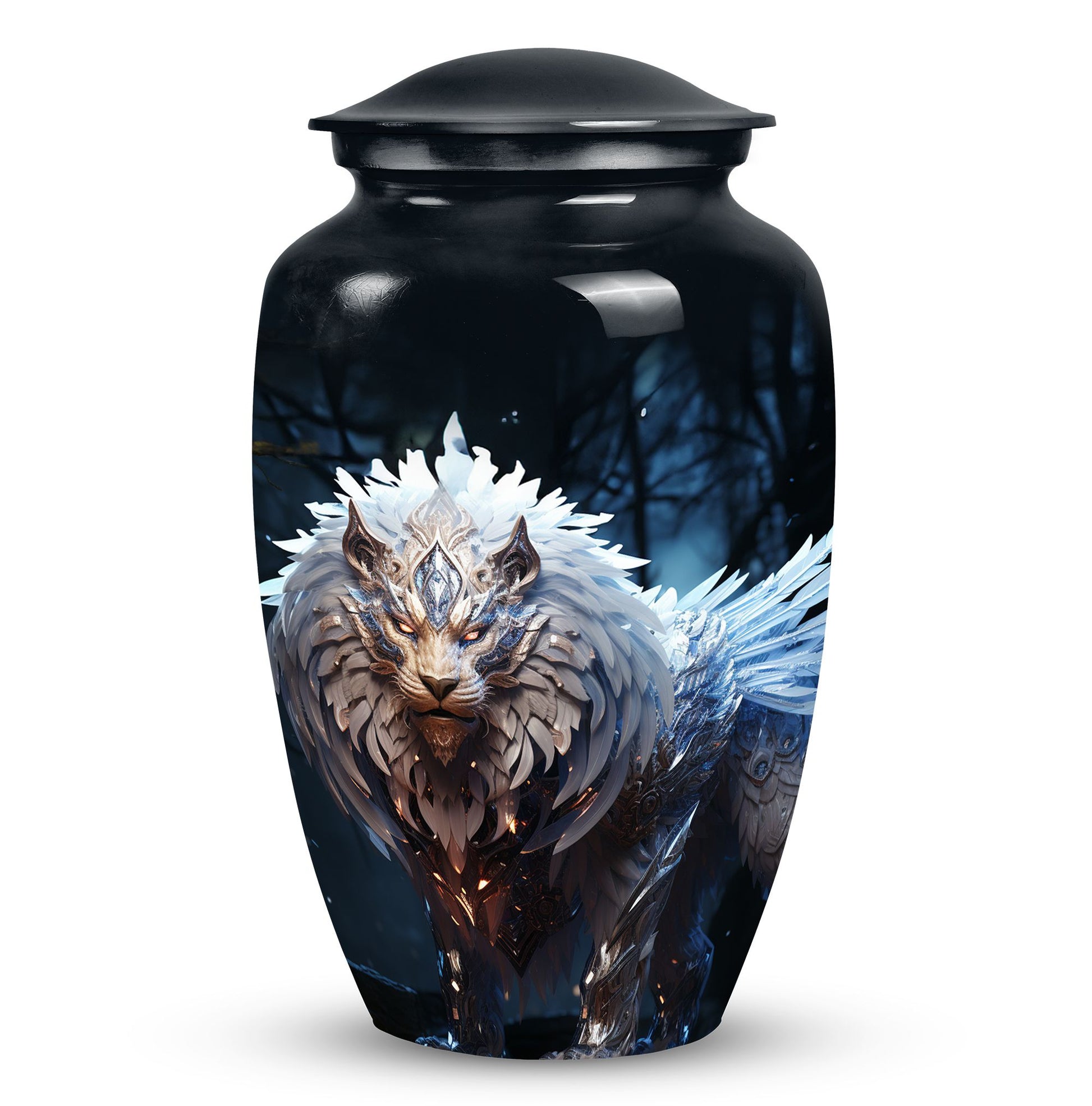 Lion themed black urn, perfect for human ashes, blend of perfect urn decoration, ideal for adult male and medium size