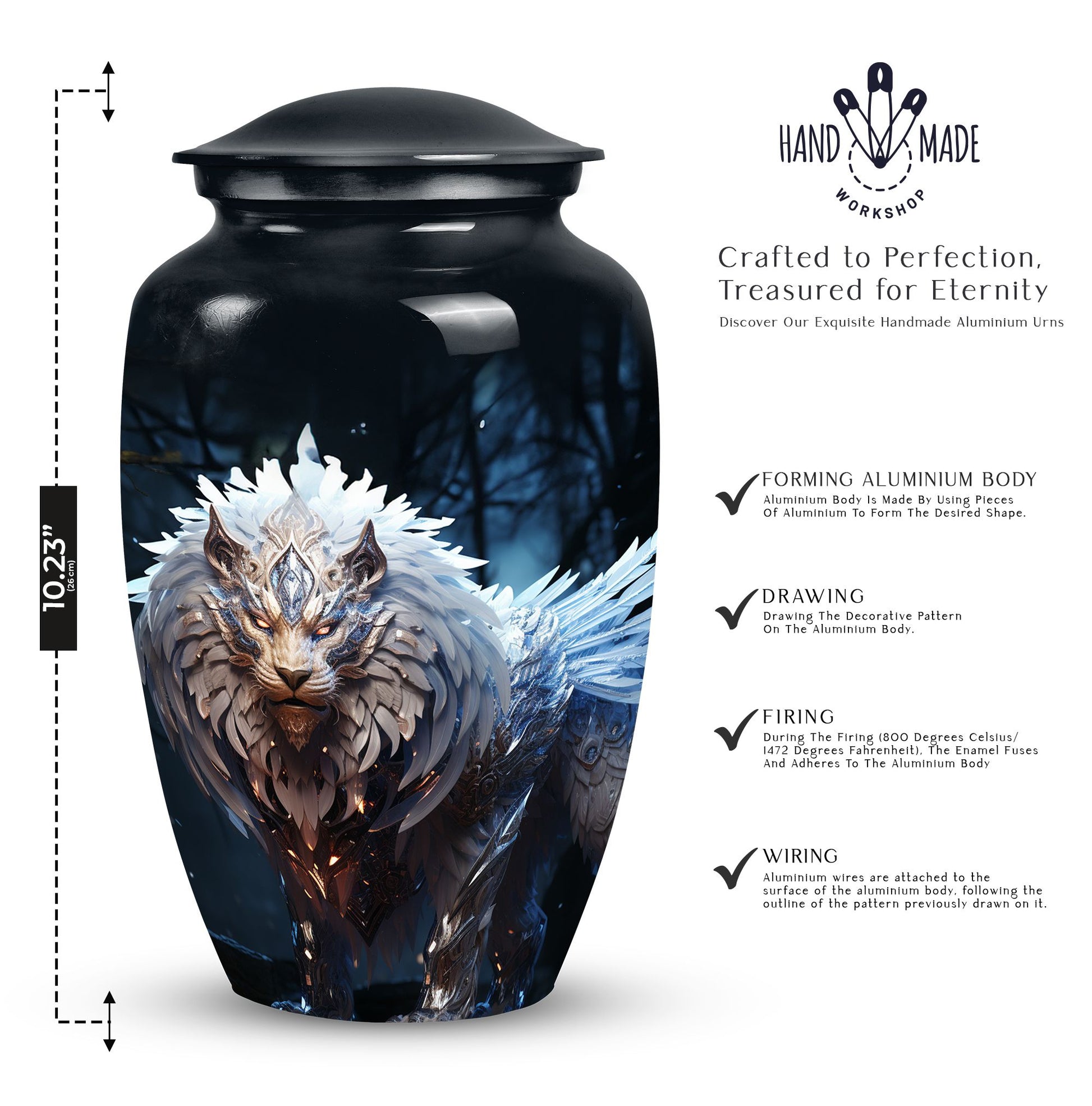 Lion themed black urn, perfect for human ashes, blend of perfect urn decoration, ideal for adult male and medium size