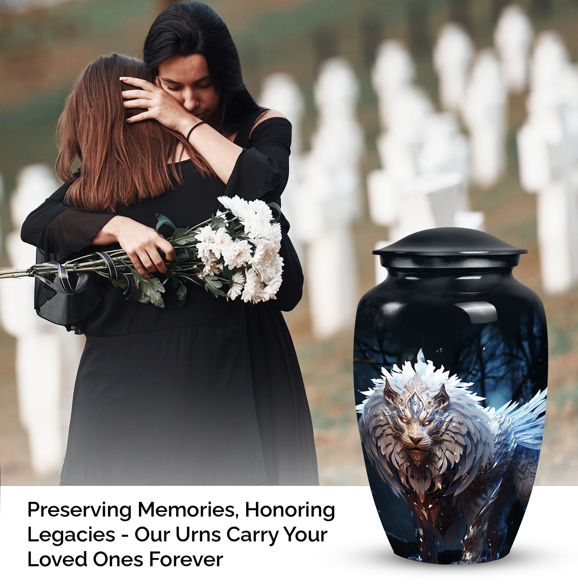 Lion themed black urn, perfect for human ashes, blend of perfect urn decoration, ideal for adult male and medium size