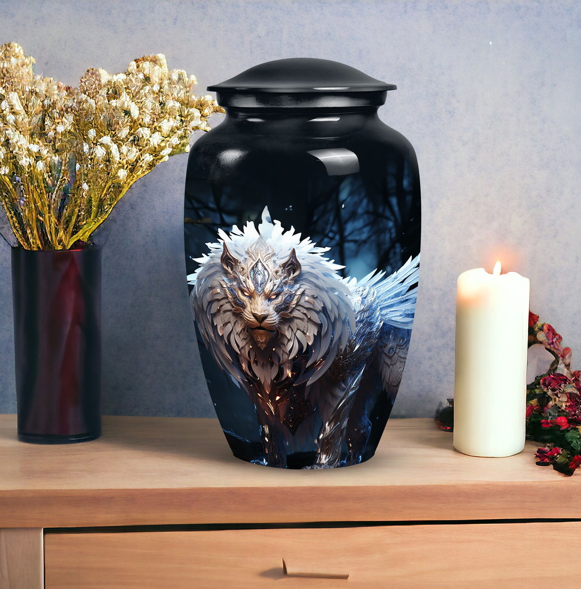 Lion themed black urn, perfect for human ashes, blend of perfect urn decoration, ideal for adult male and medium size