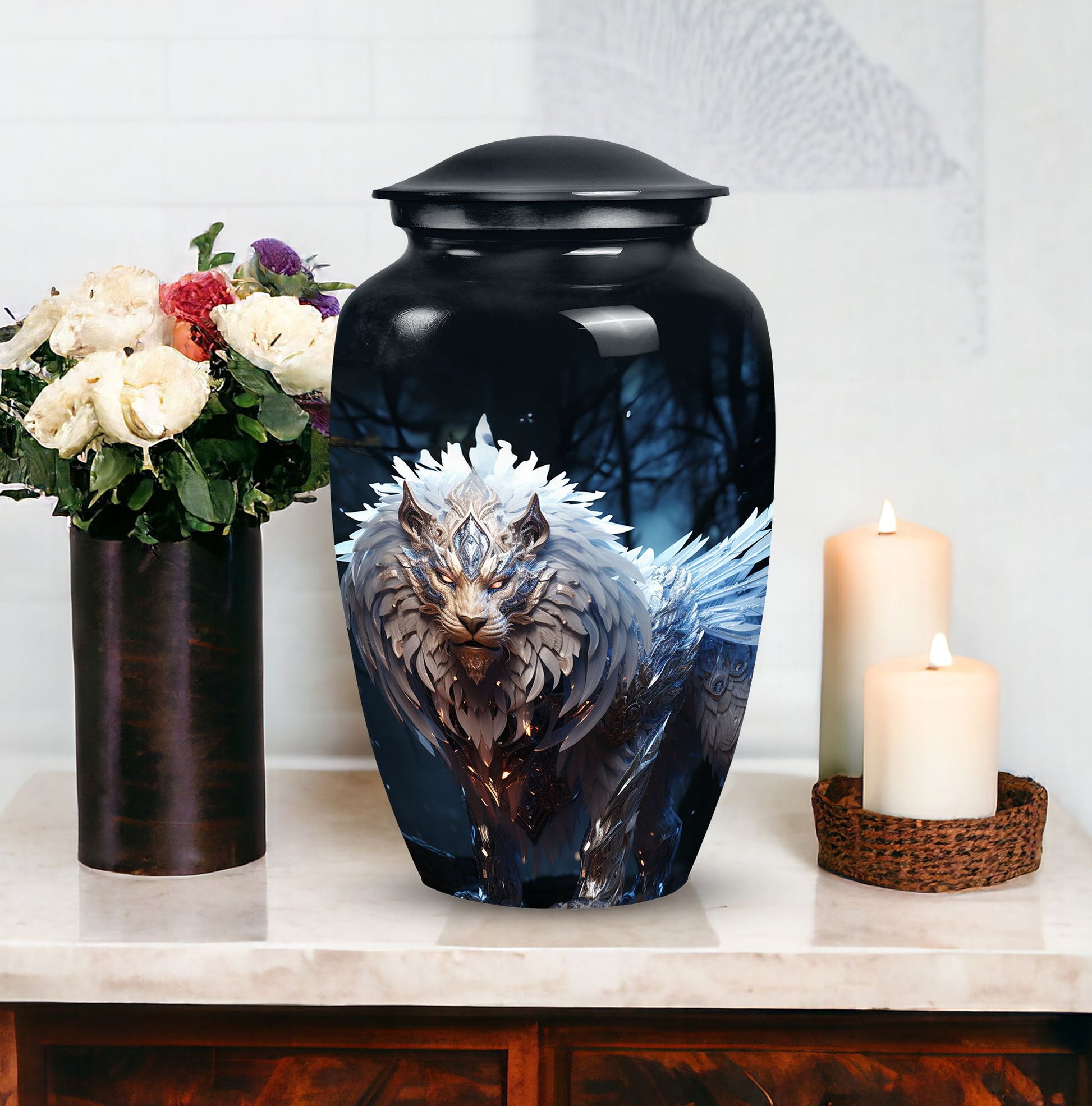 Lion themed black urn, perfect for human ashes, blend of perfect urn decoration, ideal for adult male and medium size