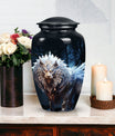 Lion themed black urn, perfect for human ashes, blend of perfect urn decoration, ideal for adult male and medium size