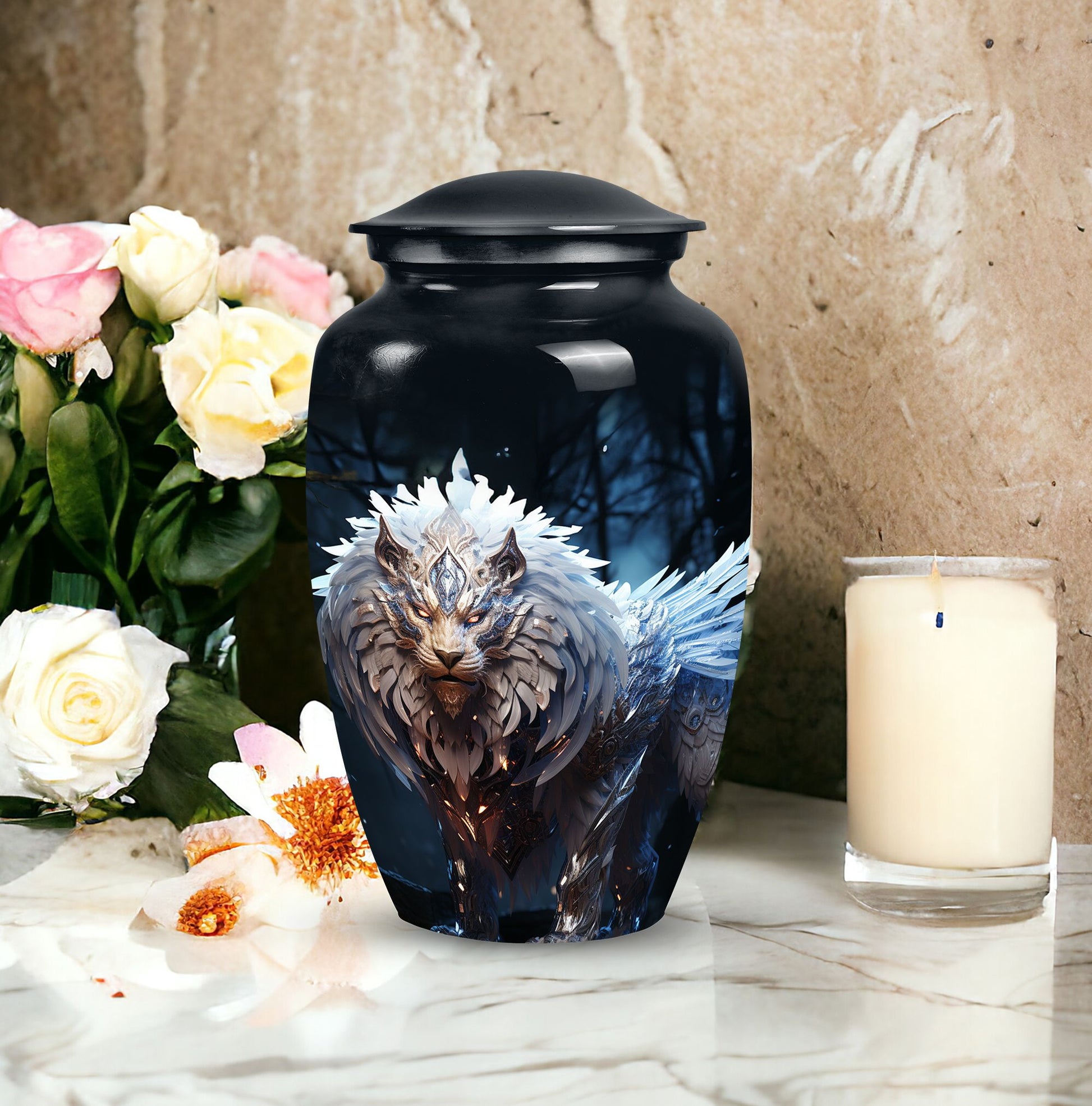 Lion themed black urn, perfect for human ashes, blend of perfect urn decoration, ideal for adult male and medium size