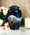 Lion themed black urn, perfect for human ashes, blend of perfect urn decoration, ideal for adult male and medium size