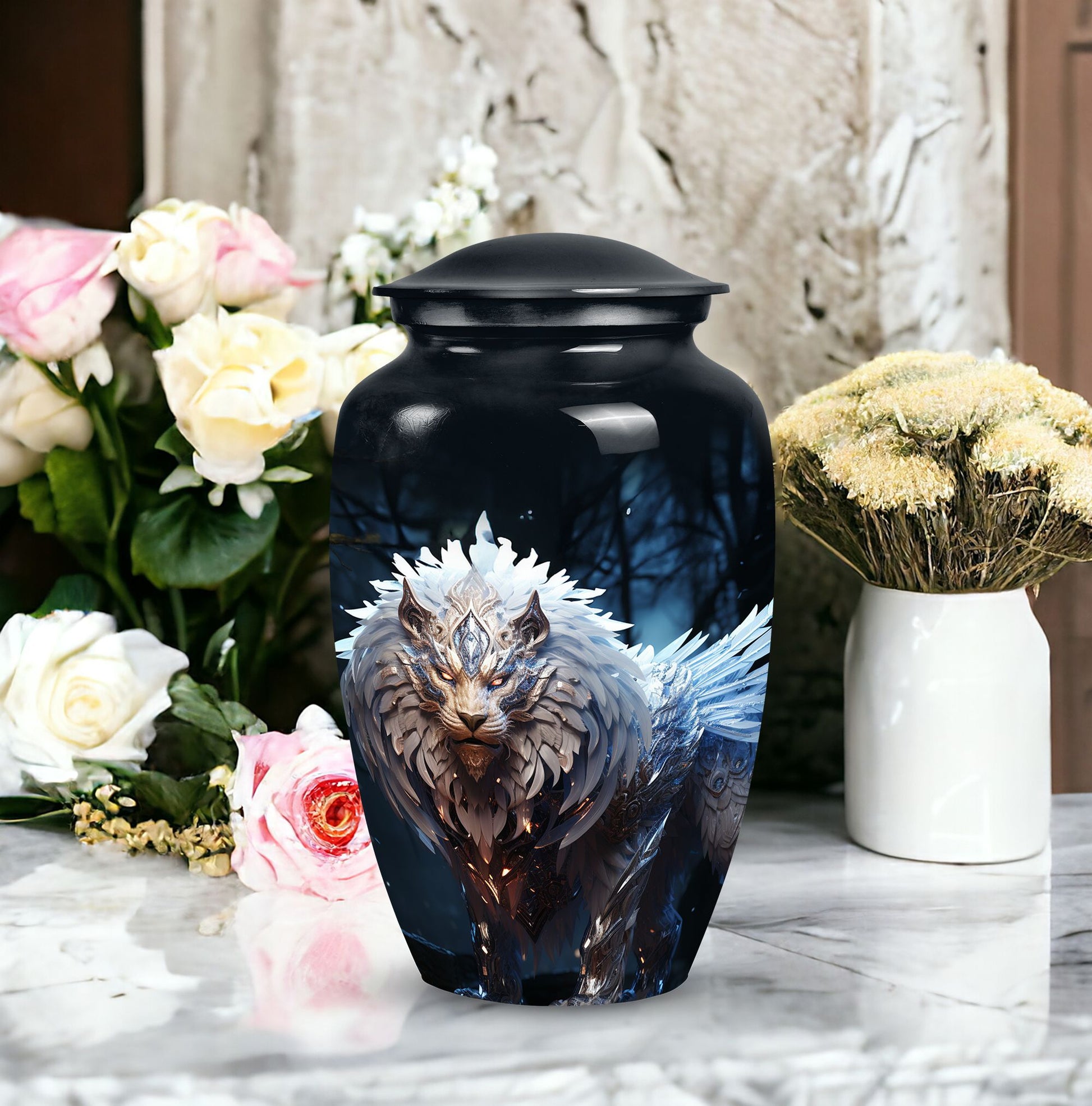 Lion themed black urn, perfect for human ashes, blend of perfect urn decoration, ideal for adult male and medium size