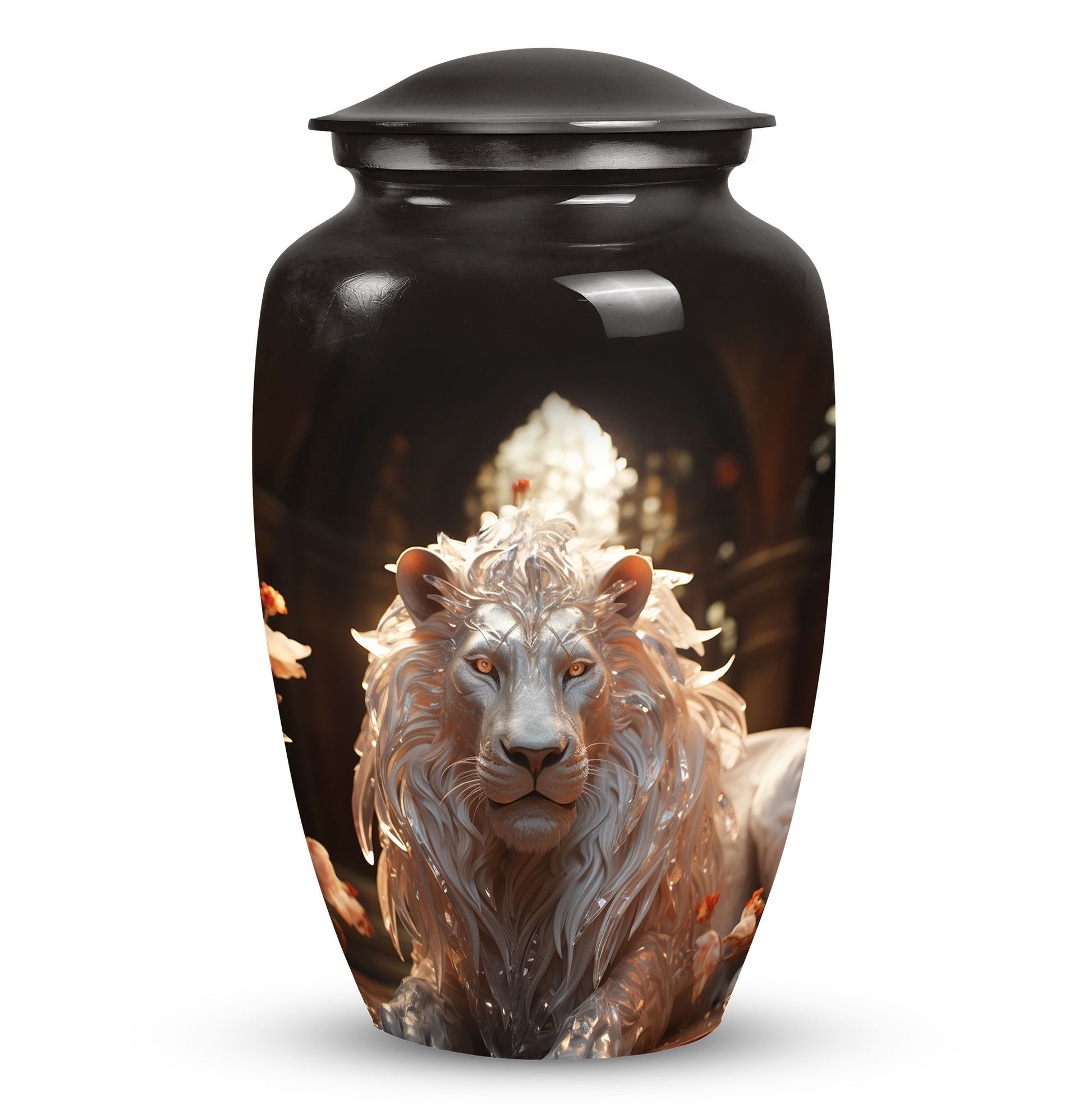 Closeup view of a white lion engraved black urn designed for adult male dad ashes, suitable for cremation purposes