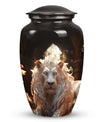 Closeup view of a white lion engraved black urn designed for adult male dad ashes, suitable for cremation purposes