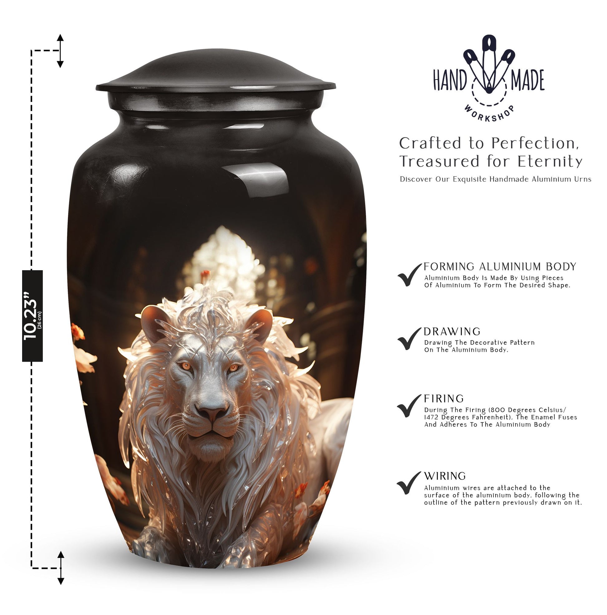 Closeup view of a white lion engraved black urn designed for adult male dad ashes, suitable for cremation purposes