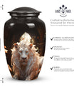 Closeup view of a white lion engraved black urn designed for adult male dad ashes, suitable for cremation purposes