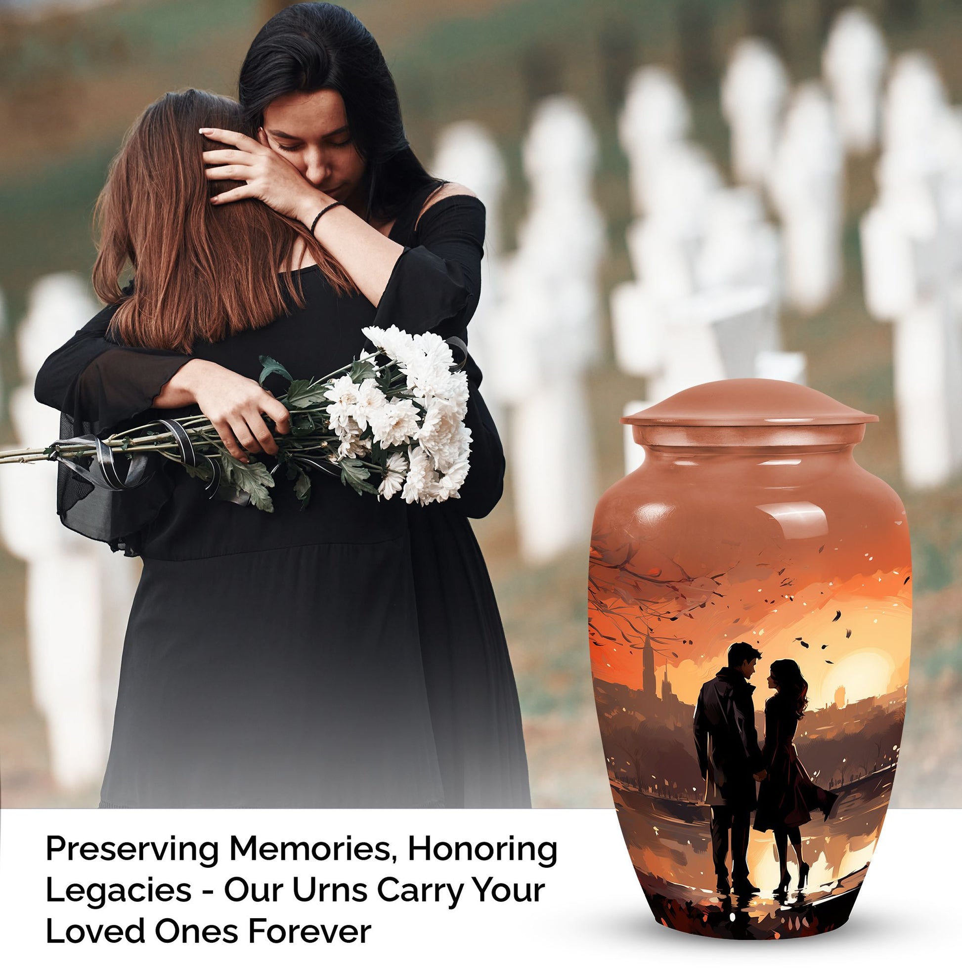 Sunset-themed cremation urn for couples, usable as a memorial urn for women, dad, or any adult human ashes