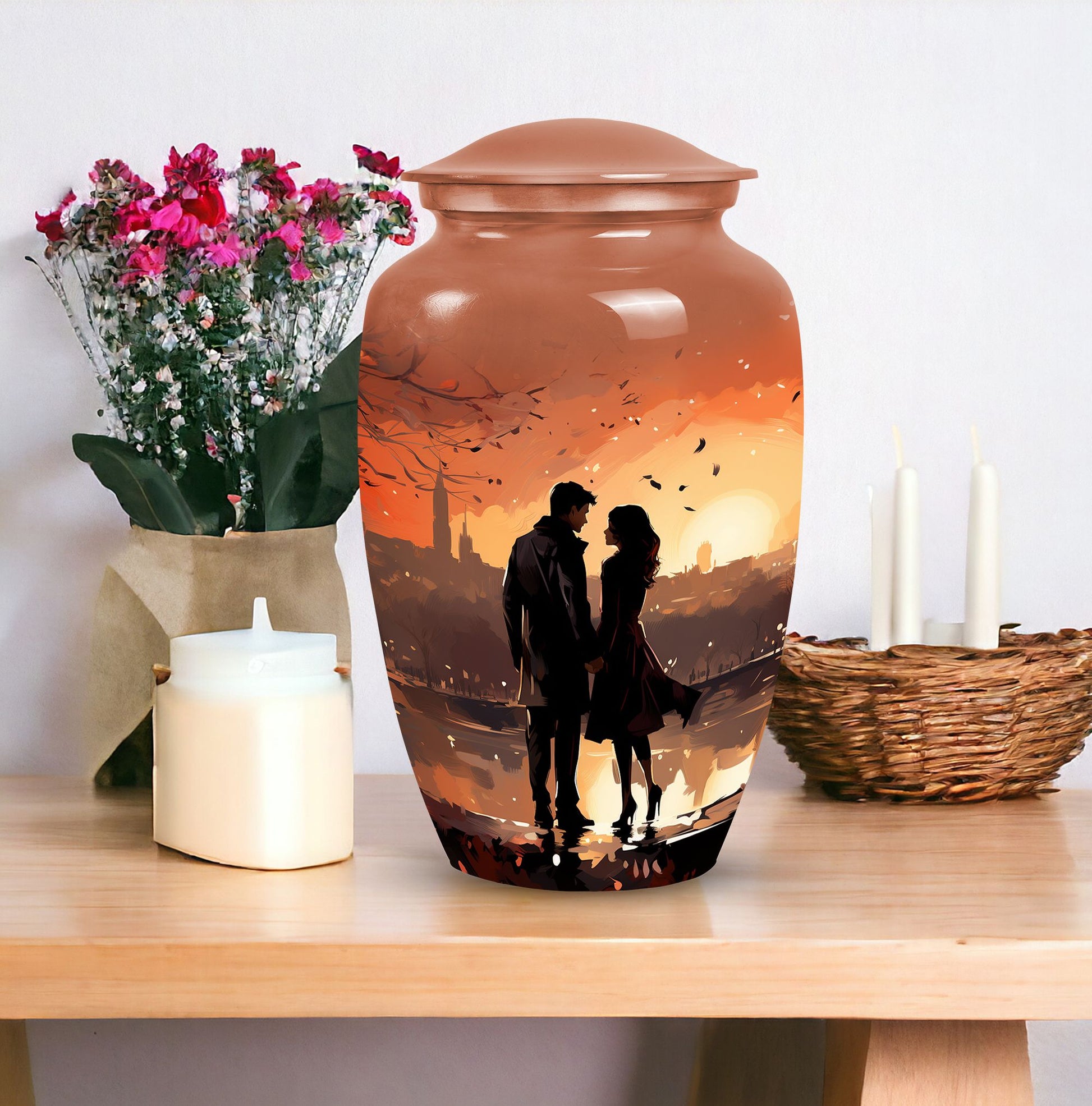 Sunset-themed cremation urn for couples, usable as a memorial urn for women, dad, or any adult human ashes