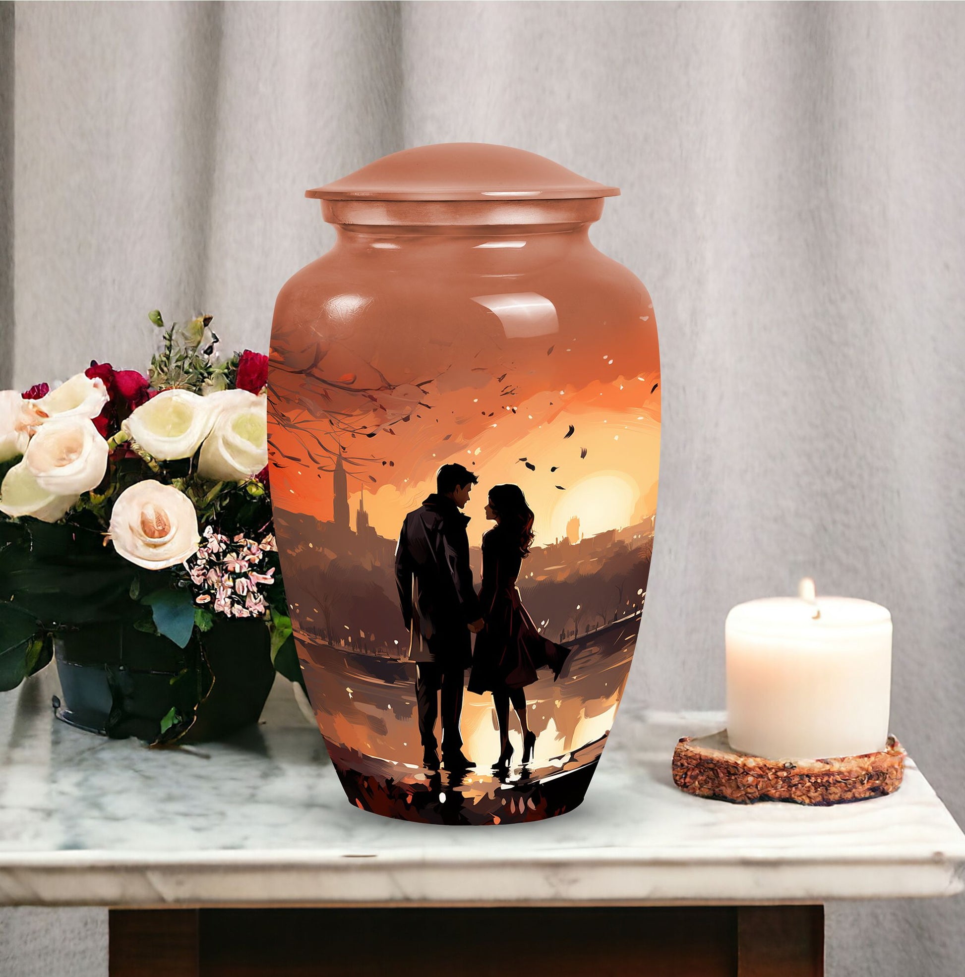 Sunset-themed cremation urn for couples, usable as a memorial urn for women, dad, or any adult human ashes