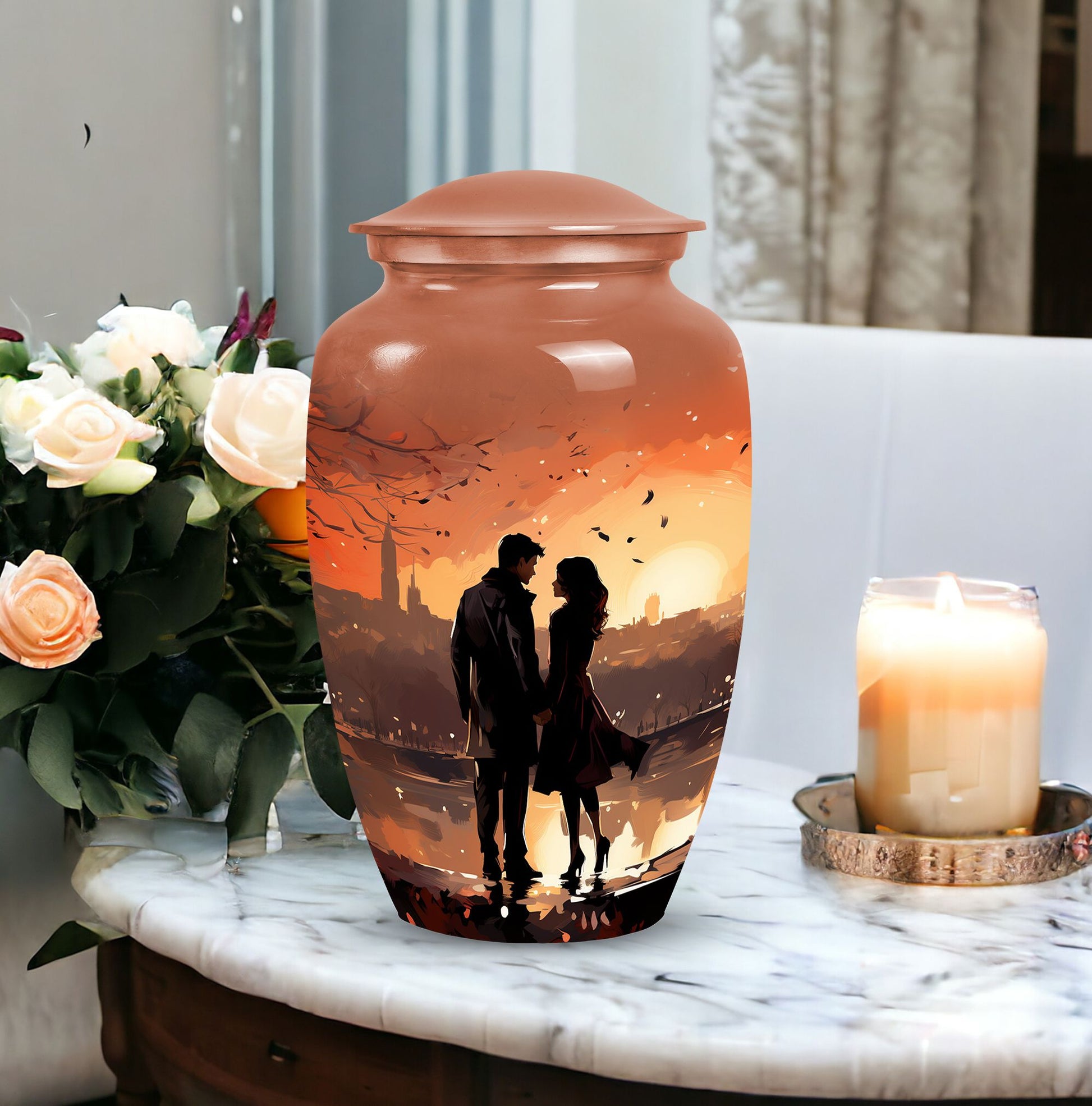 Sunset-themed cremation urn for couples, usable as a memorial urn for women, dad, or any adult human ashes