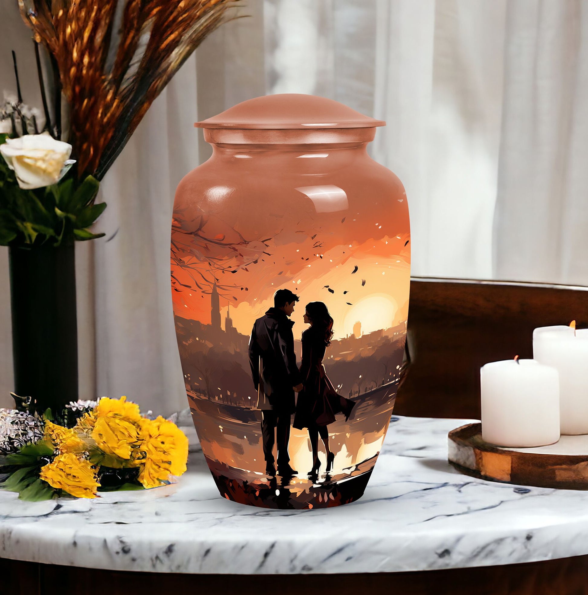 Sunset-themed cremation urn for couples, usable as a memorial urn for women, dad, or any adult human ashes