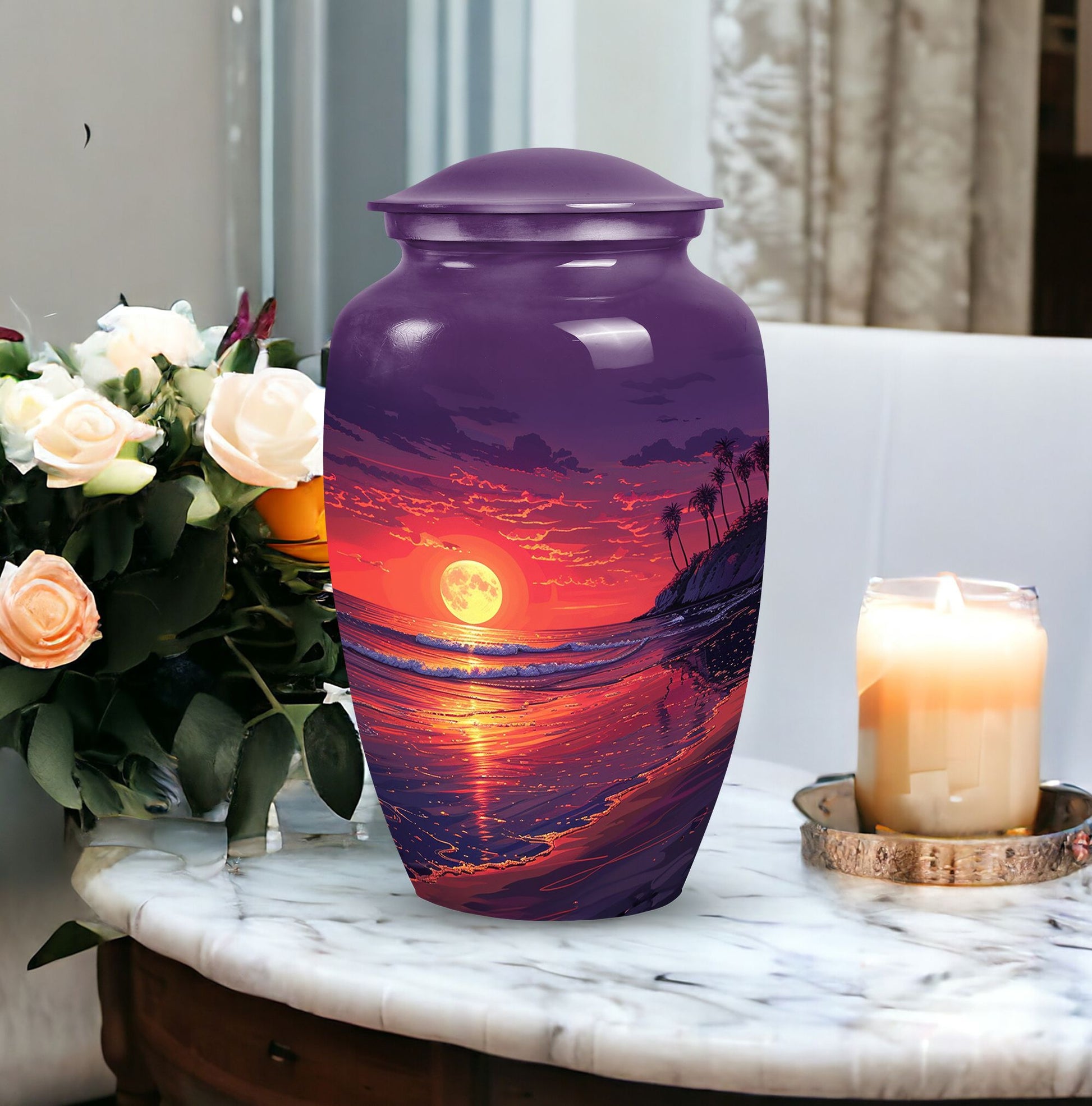 Purple beach urn for human ashes, suitable for adult male, a large ashes holder and funeral urn