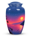 Medium-sized blue cremation urn with sun design, suitable for both men and women to memorialize human ashes