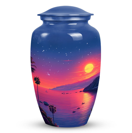 Medium-sized blue cremation urn with sun design, suitable for both men and women to memorialize human ashes