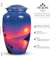 Medium-sized blue cremation urn with sun design, suitable for both men and women to memorialize human ashes