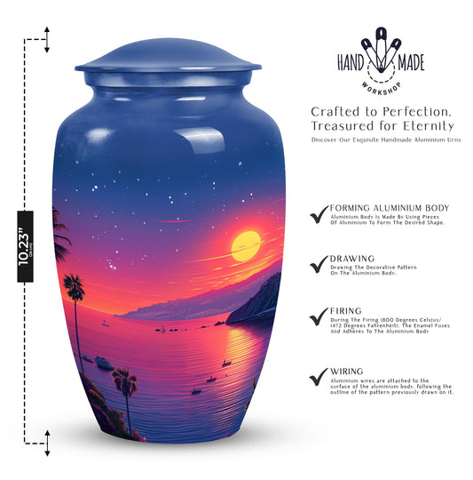 Medium-sized blue cremation urn with sun design, suitable for both men and women to memorialize human ashes