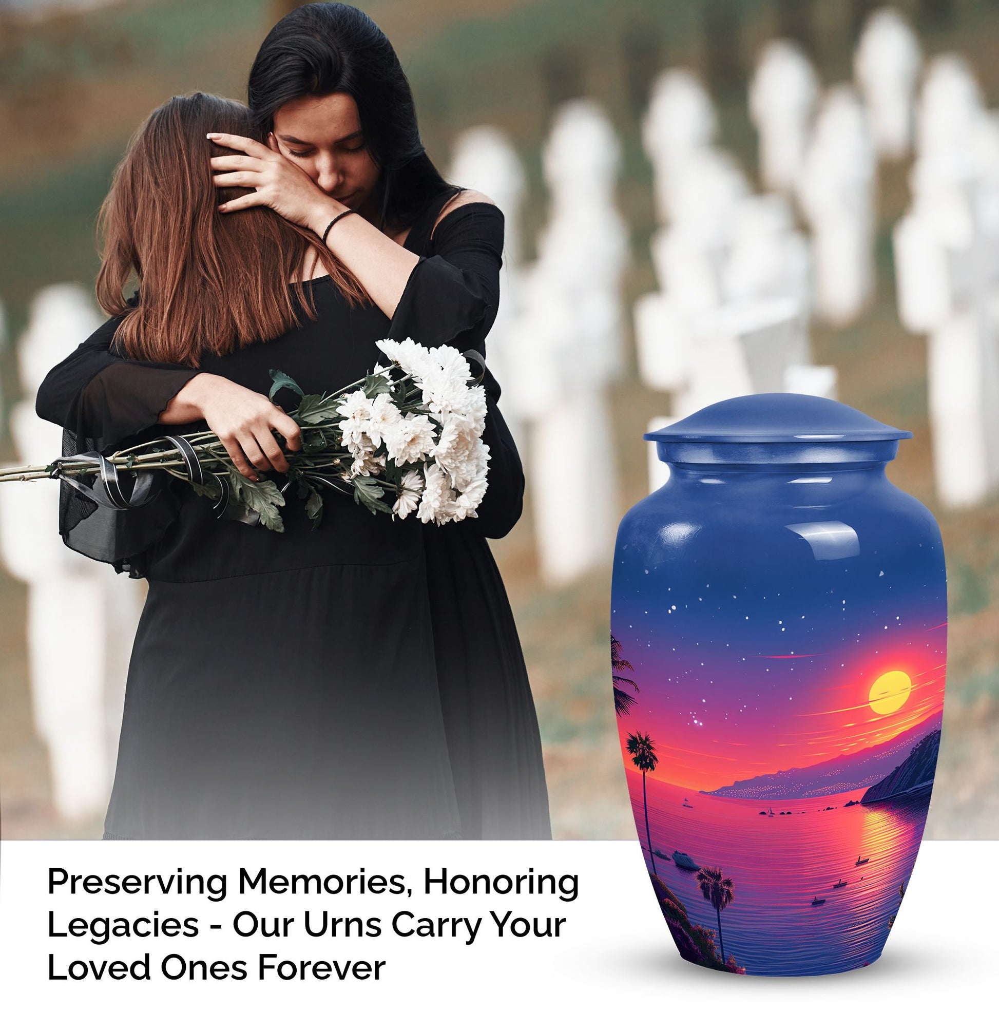 Medium-sized blue cremation urn with sun design, suitable for both men and women to memorialize human ashes