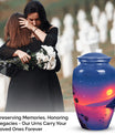 Medium-sized blue cremation urn with sun design, suitable for both men and women to memorialize human ashes