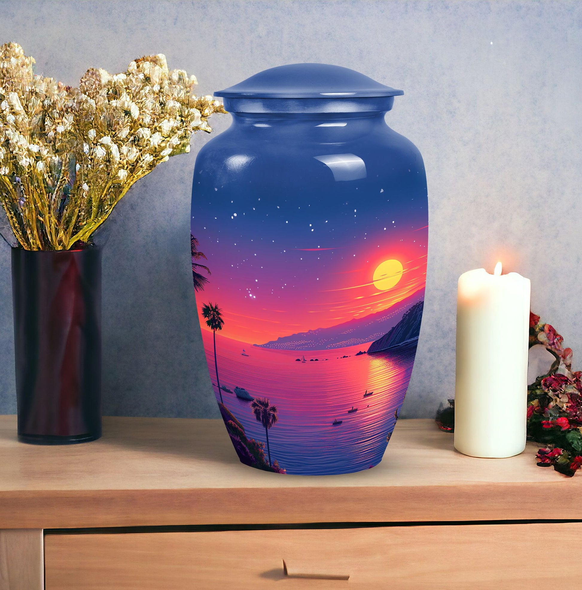 Medium-sized blue cremation urn with sun design, suitable for both men and women to memorialize human ashes