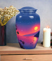 Medium-sized blue cremation urn with sun design, suitable for both men and women to memorialize human ashes