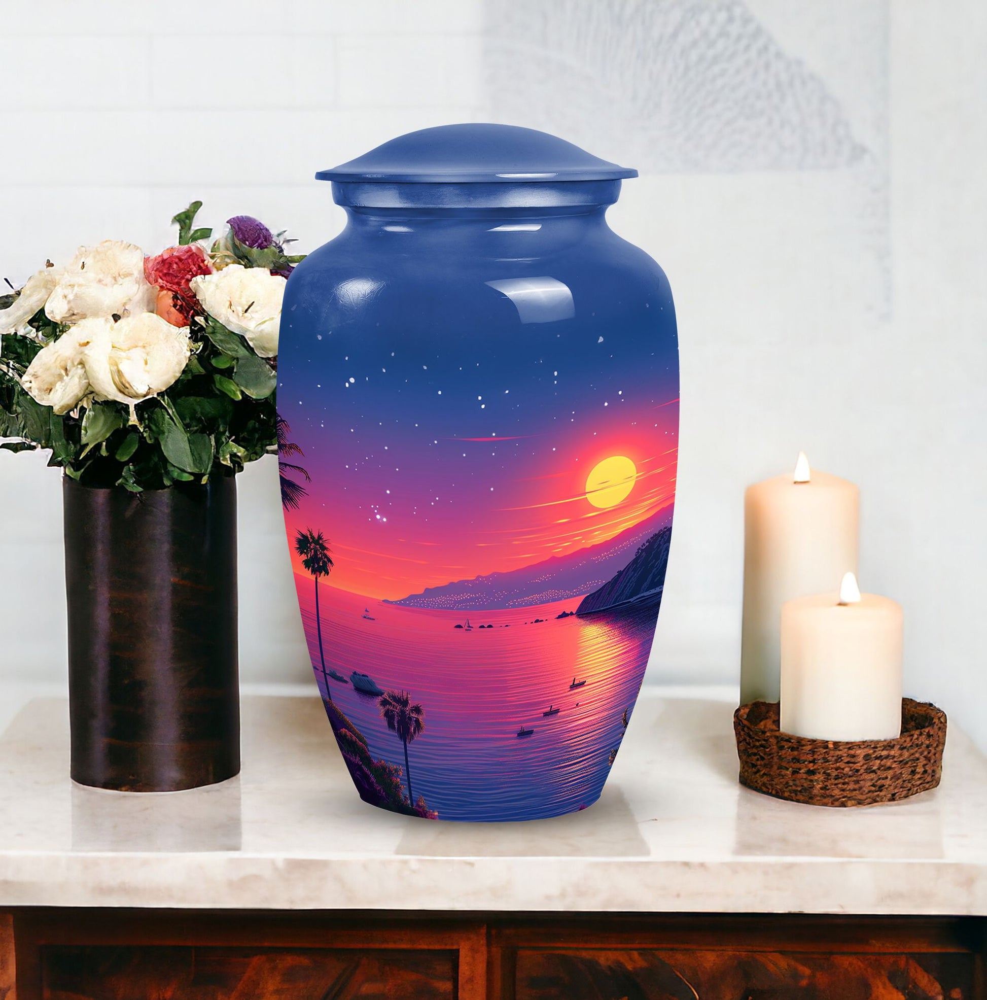 Medium-sized blue cremation urn with sun design, suitable for both men and women to memorialize human ashes