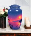 Medium-sized blue cremation urn with sun design, suitable for both men and women to memorialize human ashes