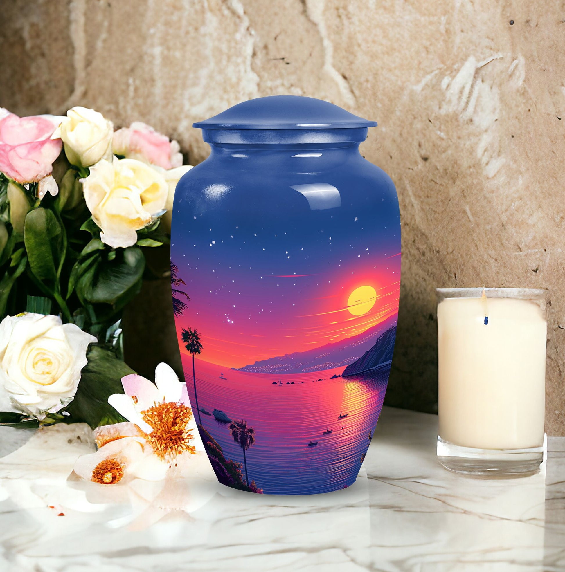 Medium-sized blue cremation urn with sun design, suitable for both men and women to memorialize human ashes