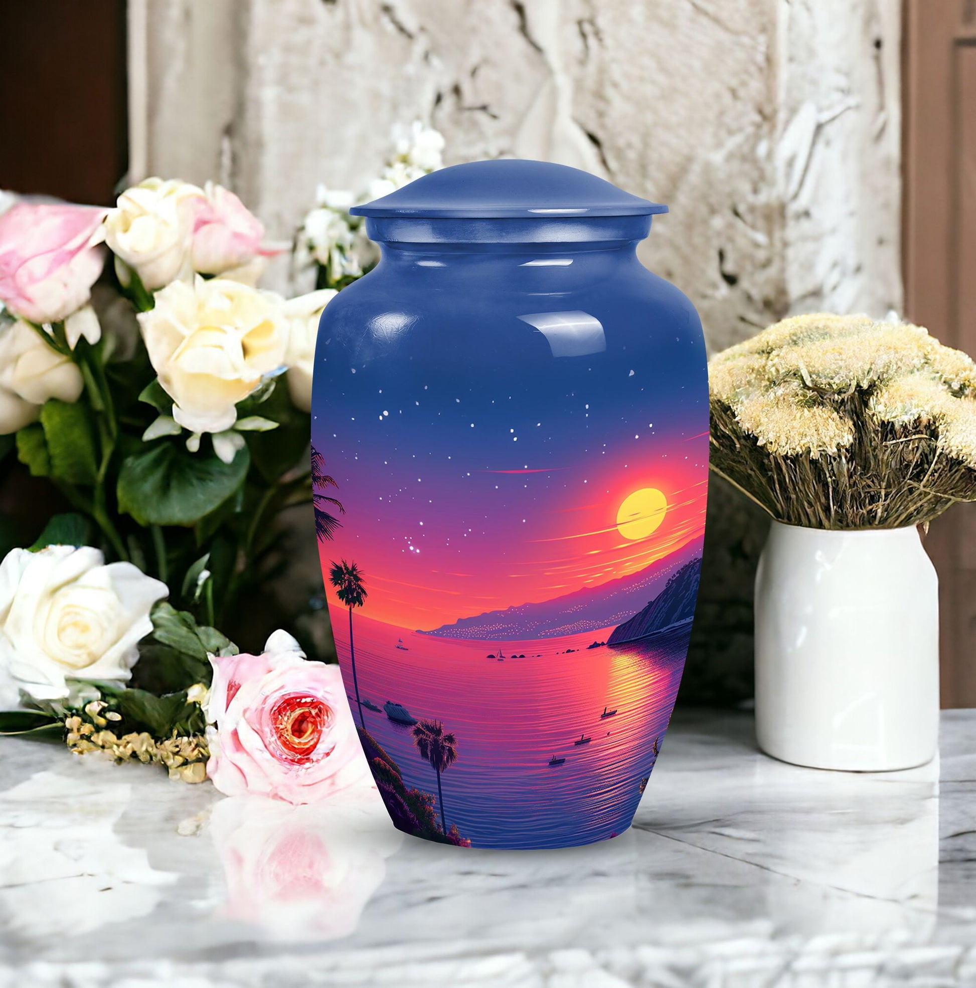 Medium-sized blue cremation urn with sun design, suitable for both men and women to memorialize human ashes